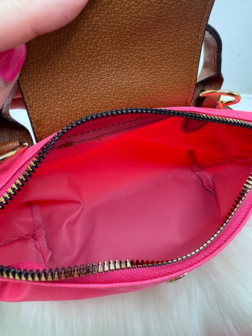 Stella Pink Nylon Mini Crossbody Bag w/ Brown faux Leather Trim & Bunny Charm - Picture 3 of 5